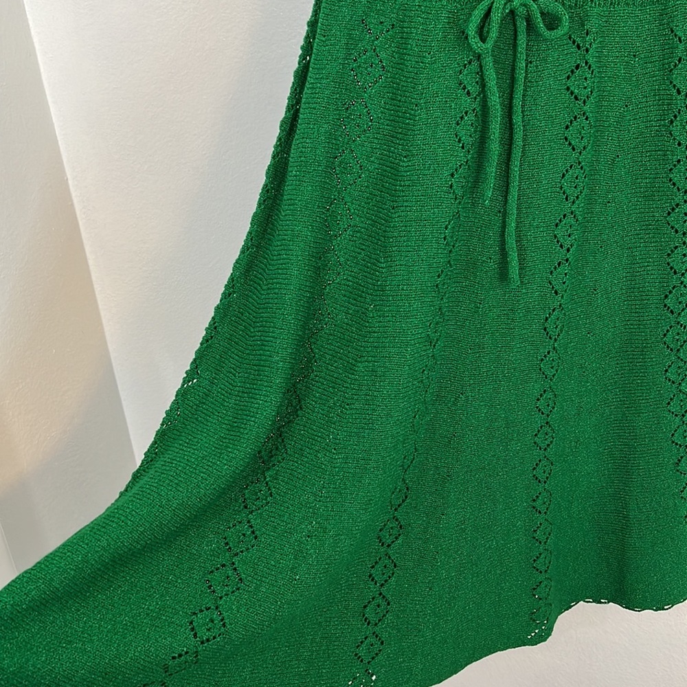Vintage green knit A line dress ties at shoulder sundress midi feminine - Picture 3 of 14